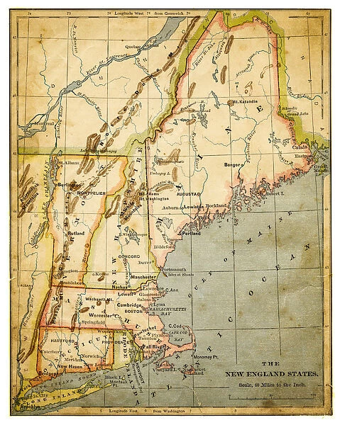 Map of USA New England states 1883