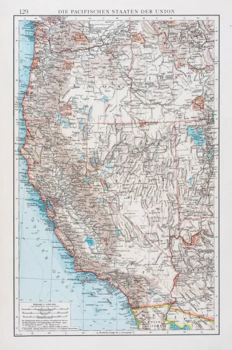 Framed Print : Map of USA pacific states 1896
