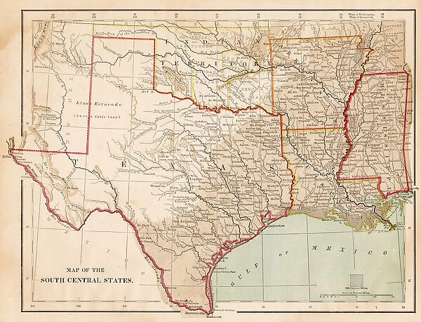 Map of USA South Central states 1877