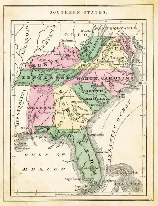 Framed Print : Map of USA Southern states 1871 Framed Print : Map of USA Southern states 1871