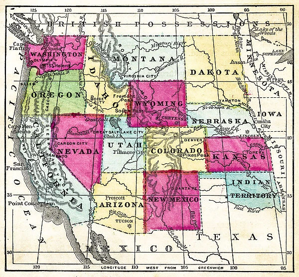 Map of USa western pacific states 1871