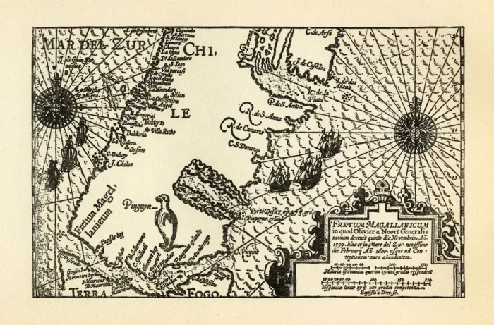 Framed Print : Map of Van Noort at the Strait of Magellan, 1599 Framed Print : Map of Van Noort at the Strait of Magellan, 1599