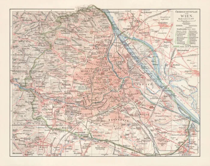 Framed Print : Map of Vienna and surroundings, capital city of Austria, 1897 Framed Print : Map of Vienna and surroundings, capital city of Austria, 1897