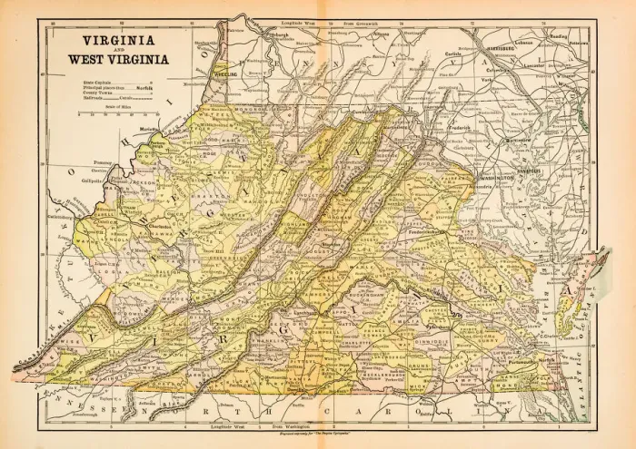 Framed Print : Map of Virginia and West Virginia 1883 Framed Print : Map of Virginia and West Virginia 1883