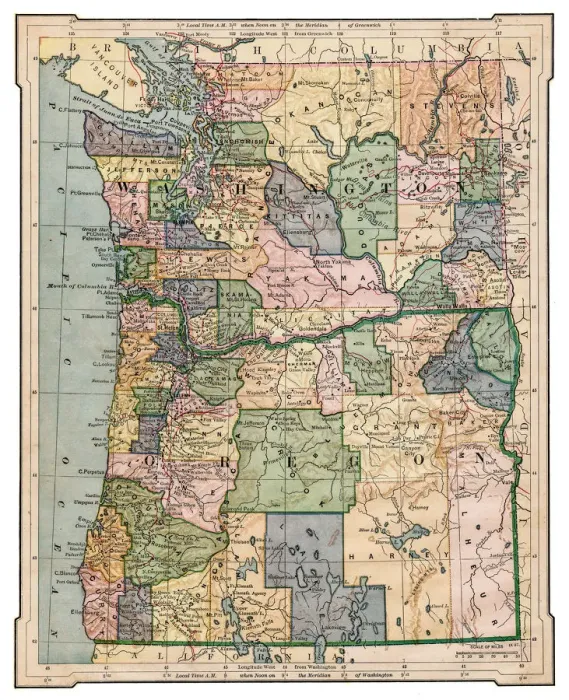 Framed Print : Map of Washington and Oregon 1889 Framed Print : Map of Washington and Oregon 1889