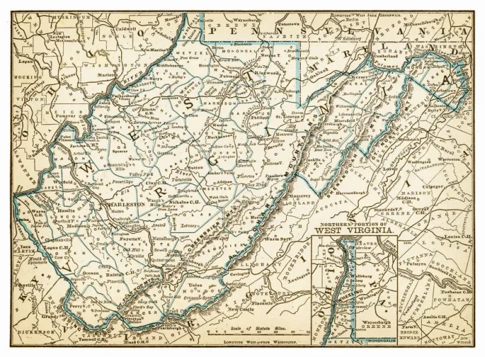 Framed Print : Map West Virginia of 1893 Framed Print : Map West Virginia of 1893