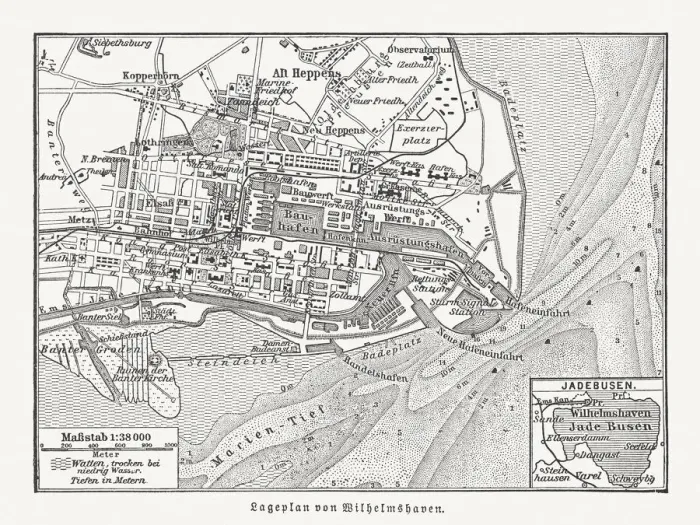 Framed Print : Map of Wilhelmshaven, Lower Saxony, Germany, wood engraving, published 1897