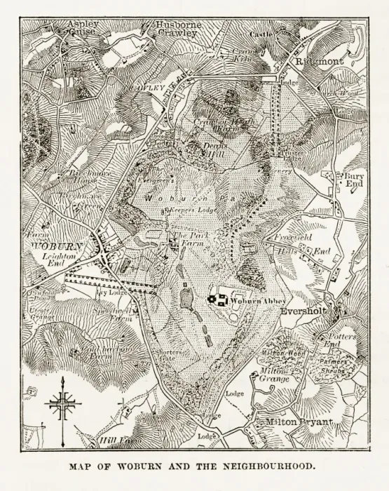 Framed Print : Map of Woburn and Neighborhoods, England Victorian Engraving, Circa 1840