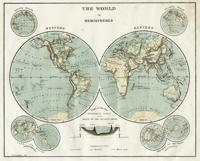Framed Print : Map of the world in Hemispheres 1868 Framed Print : Map of the world in Hemispheres 1868