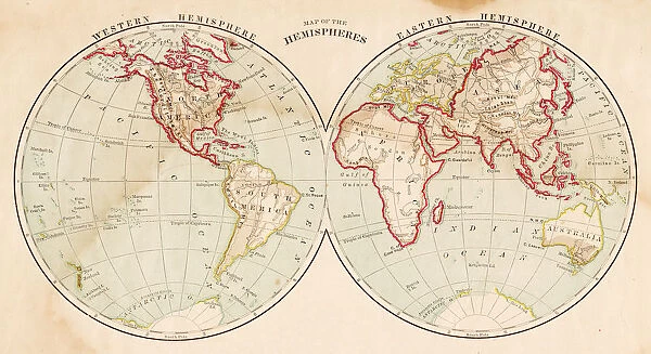 Map of the world in hemispheres 1877