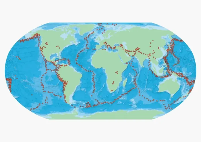 Framed Print : Map of the World with red dots marking earthquake zones