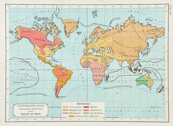 Framed Print : Map of the World showing the distribution of the races on men 1892 Framed Print : Map of the World showing the distribution of the races on men 1892