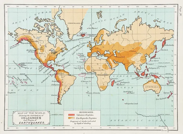 Framed Print : Map of the World showing Volcanoes and regions of Earthquakes 1892 Framed Print : Map of the World showing Volcanoes and regions of Earthquakes 1892