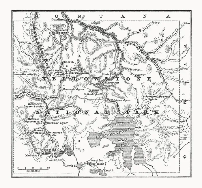 Framed Print : Map of Yellowstone National Park, USA, wood engraving, published 1899 Framed Print : Map of Yellowstone National Park, USA, wood engraving, published 1899