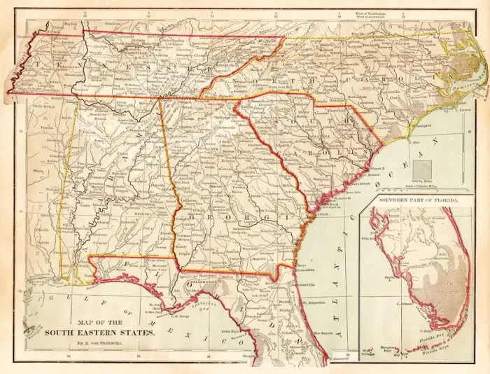 Framed Print : Maps of the southern states USA 1877 Framed Print : Maps of the southern states USA 1877