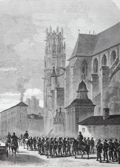Framed Print : March of the North German Landwehr through the commune of Pont-a-Mousson on 11 September, France, in the Franco-Prussian War 1870-1871, Historical, digitally restored reproduction of a 19th century original, exact original date unknown Framed Print : March of the North German Landwehr through the commune of Pont-a-Mousson on 11 September, France, in the Franco-Prussian War 1870-1871, Historical, digitally restored reproduction of a 19th century original, exact original date unknown