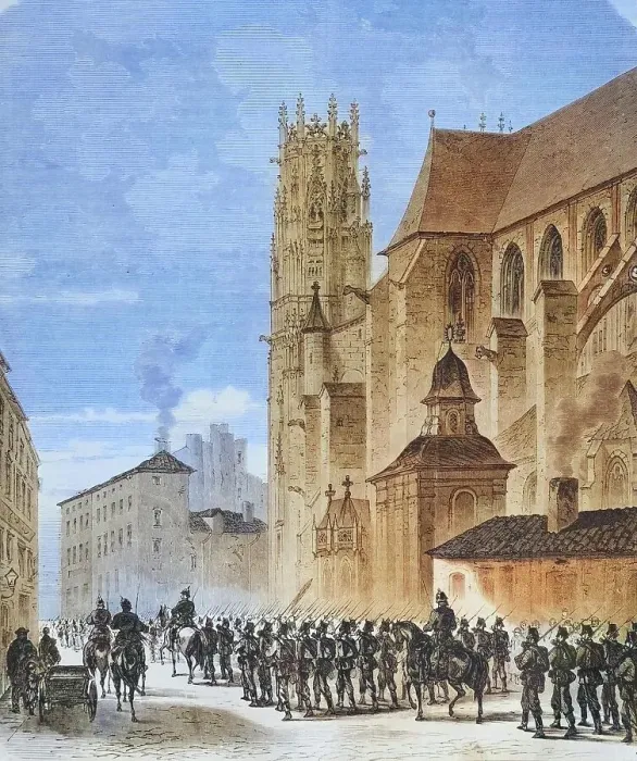 Framed Print : March of North German Landwehr through Pont-a-Mousson, illustrated war chronicle 1870-1871, Franco-Prussian campaign, Germany, France Framed Print : March of North German Landwehr through Pont-a-Mousson, illustrated war chronicle 1870-1871, Franco-Prussian campaign, Germany, France