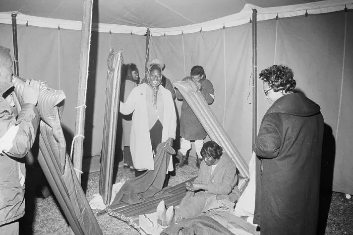 Framed Print : Marchers In Tent Inflate Air Mattresses Framed Print : Marchers In Tent Inflate Air Mattresses