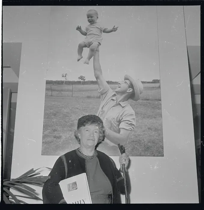 Framed Print : Margaret Mead in Front of Large Photograph Framed Print : Margaret Mead in Front of Large Photograph