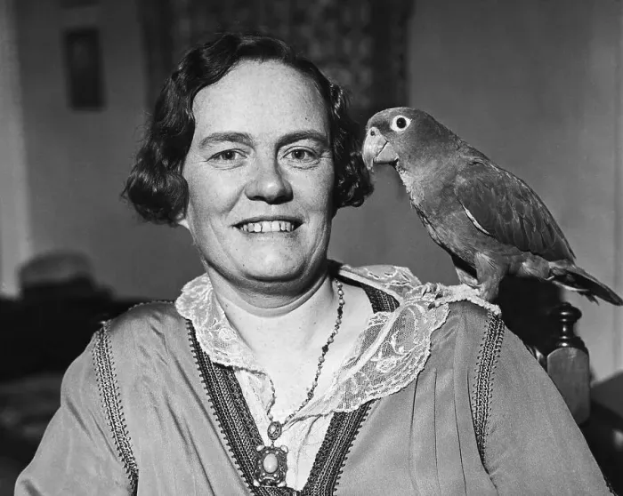 Framed Print : Margaret Mead with Parrot on Shoulder Framed Print : Margaret Mead with Parrot on Shoulder