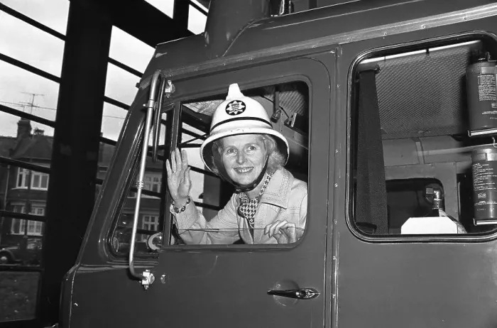 Framed Print : Margaret Thatcher Seated in Firetruck Framed Print : Margaret Thatcher Seated in Firetruck