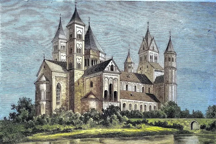 Framed Print : Maria Laach Abbey is a Benedictine abbey situated on the southwestern shore of the Laacher See, Lake Laach, near Andernach, in the Eifel region of the Rhineland-Palatinate, Germany, Reproduction of a picture, woodcut from 1881, digitally restored Framed Print : Maria Laach Abbey is a Benedictine abbey situated on the southwestern shore of the Laacher See, Lake Laach, near Andernach, in the Eifel region of the Rhineland-Palatinate, Germany, Reproduction of a picture, woodcut from 1881, digitally restored