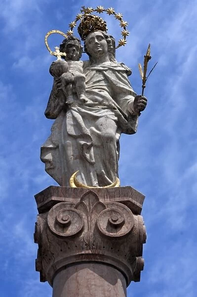 Marian column against a cloudy sky, Murnau, Upper Bavaria, Bavaria, Germany