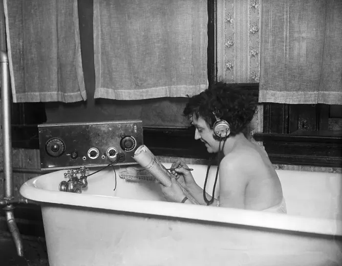 Framed Print : Marie Acker in Bathtub with Radio Framed Print : Marie Acker in Bathtub with Radio