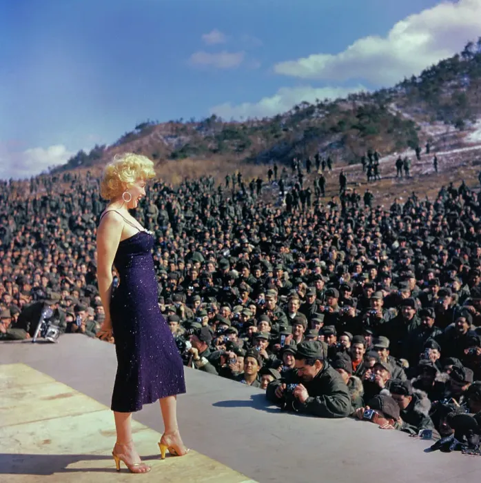 Framed Print : Marilyn Monroe Posing on Stage in Front of Troops Framed Print : Marilyn Monroe Posing on Stage in Front of Troops