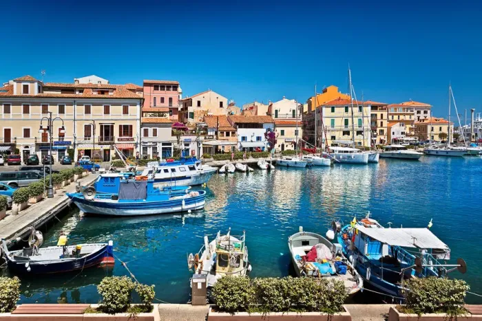 Framed Print : Marina and view over La Maddalena, the largest town in the Maddalena archipelago Framed Print : Marina and view over La Maddalena, the largest town in the Maddalena archipelago