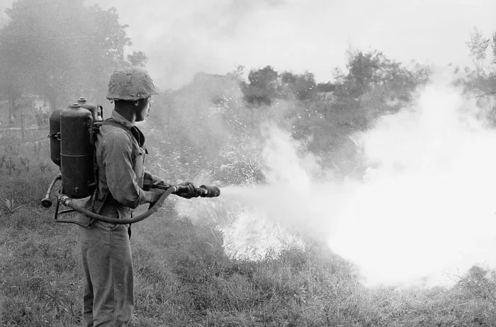 Framed Print : Marine Burning Out Underbrush with Flamethrower Framed Print : Marine Burning Out Underbrush with Flamethrower