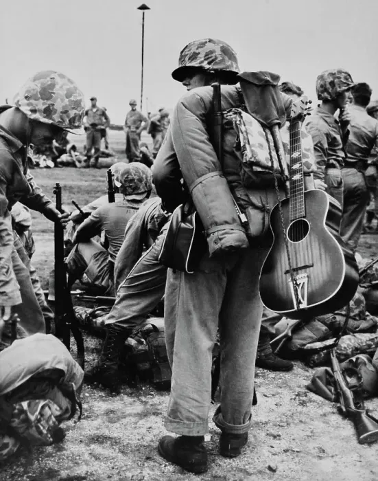 Framed Print : US Marine With Guitar, Korea Framed Print : US Marine With Guitar, Korea