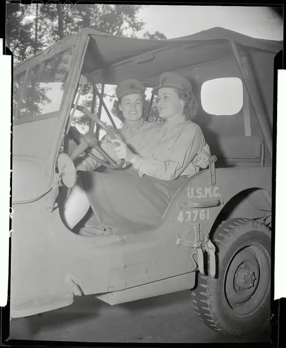 Framed Print : Marine Sisters Riding in Military Vehicle Framed Print : Marine Sisters Riding in Military Vehicle