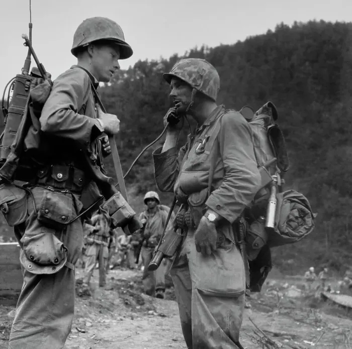Framed Print : US Marine Using Field Telephone, Korea Framed Print : US Marine Using Field Telephone, Korea