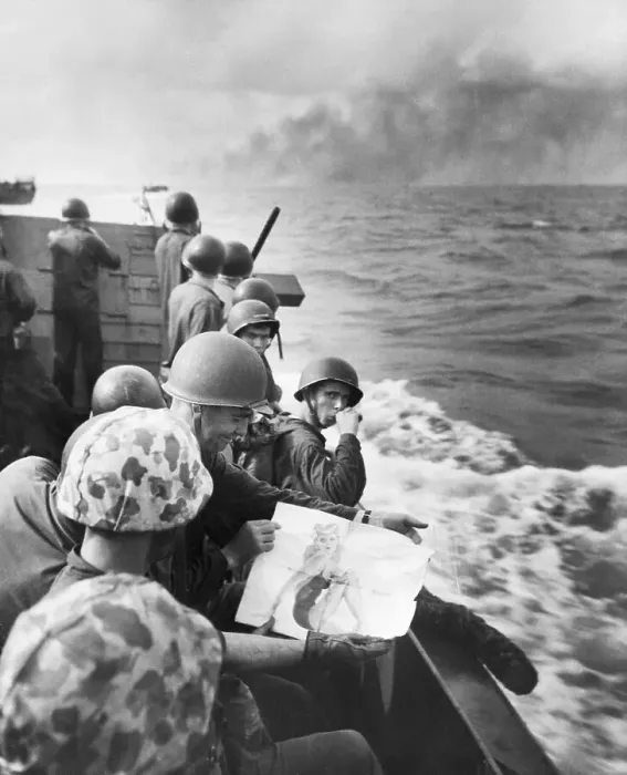 Framed Print : Marines on Barge Looking at Pinup Girl Framed Print : Marines on Barge Looking at Pinup Girl