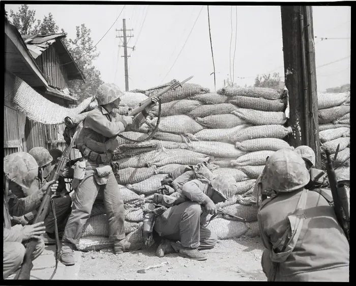 Framed Print : Marines Behind Sandbag Barricade Framed Print : Marines Behind Sandbag Barricade
