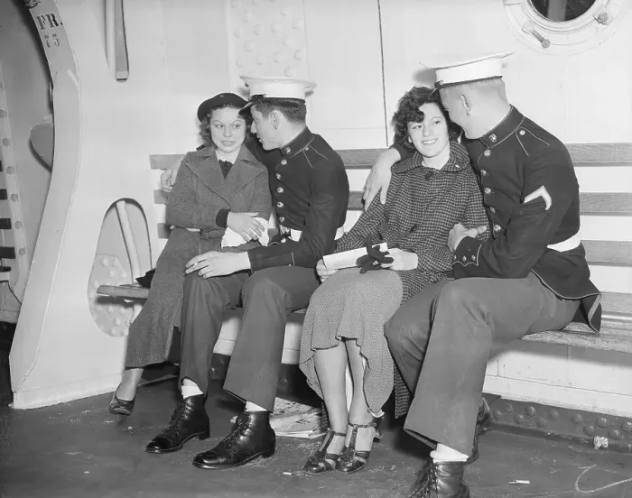 Framed Print : Marines Sitting with Two Women Framed Print : Marines Sitting with Two Women