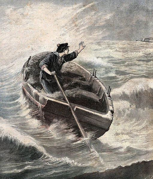 Maritime History, Lost at Sea, Sailor waving at a passing steamship 1890s, 19th Century