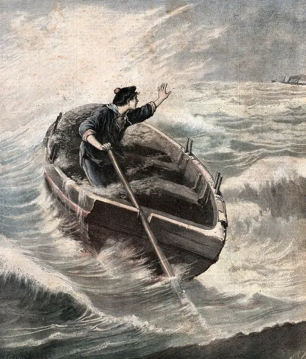 Framed Print : Maritime History, Lost at Sea, Sailor waving at a passing steamship 1890s, 19th Century