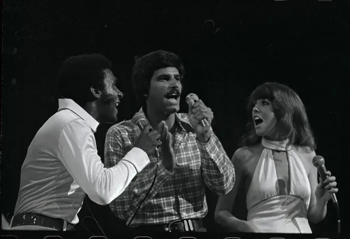 Framed Print : Mark Spitz Singing with Man and Woman Framed Print : Mark Spitz Singing with Man and Woman