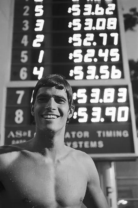 Framed Print : Mark Spitz Smiling in Front of Scoreboard Framed Print : Mark Spitz Smiling in Front of Scoreboard