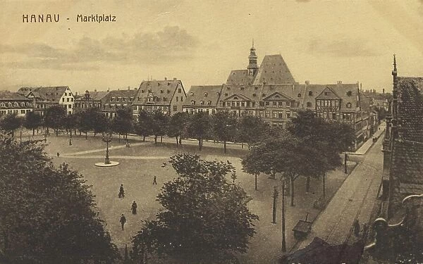 Market place of Hanau, Hesse, Germany, postcard with text, view around ca 1910, historical, digital reproduction of a historical postcard, public domain, from that time, exact date unknown