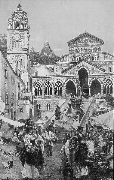 Market scene in Amalfi, Italy, in front of the cathedral, Historical, digital reproduction of an original from the 19th century