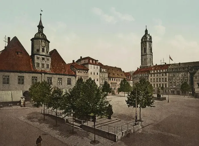 Framed Print : Market Square and Bismarck Fountain in Jena, Thuringia, Germany, Historic, digitally restored reproduction of a photochrome print from the 1890s