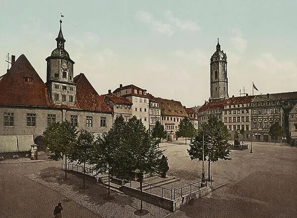 Market Square and Bismarck Fountain in Jena, Thuringia, Germany, Historic, digitally restored reproduction of a photochrome print from the 1890s