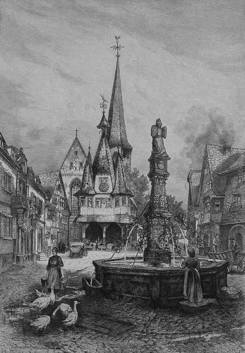 Framed Print : Market Square in Michelstadt, Germany, 1899, Historic, digital reproduction of an original 19th century painting, original date unknown Framed Print : Market Square in Michelstadt, Germany, 1899, Historic, digital reproduction of an original 19th century painting, original date unknown