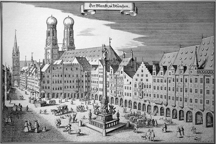 Framed Print : Market Square in Munich with Church of Our Lady, Upper Bavaria, Bavaria, Germany, Historic, digitally restored reproduction of an original 18th century painting, exact original date not known Framed Print : Market Square in Munich with Church of Our Lady, Upper Bavaria, Bavaria, Germany, Historic, digitally restored reproduction of an original 18th century painting, exact original date not known