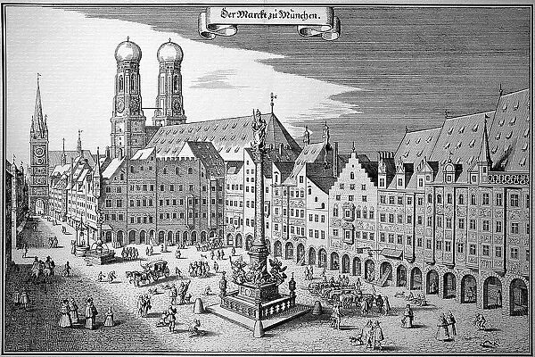 Market Square in Munich with Church of Our Lady, Upper Bavaria, Bavaria, Germany, Historic, digitally restored reproduction of an original 18th century painting, exact original date not known