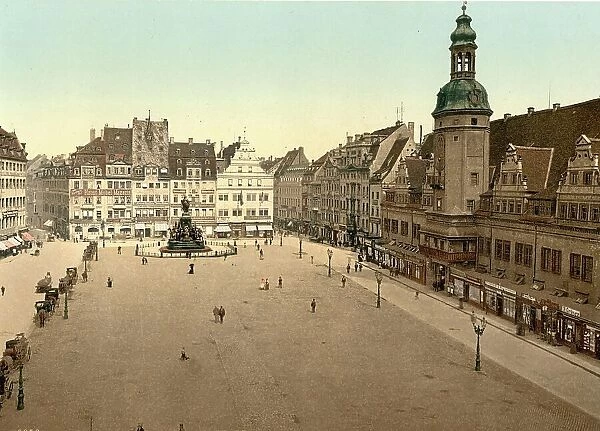 Market Square and Town Hall of Leipzig in Saxony, Germany, Historic, digitally restored reproduction of a photochrome print from the 1890s