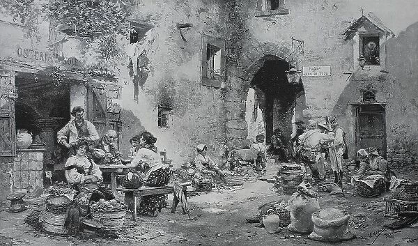 Market in Subiaco, 1888, Italy, History, digital reproduction of an original 19th-century painting
